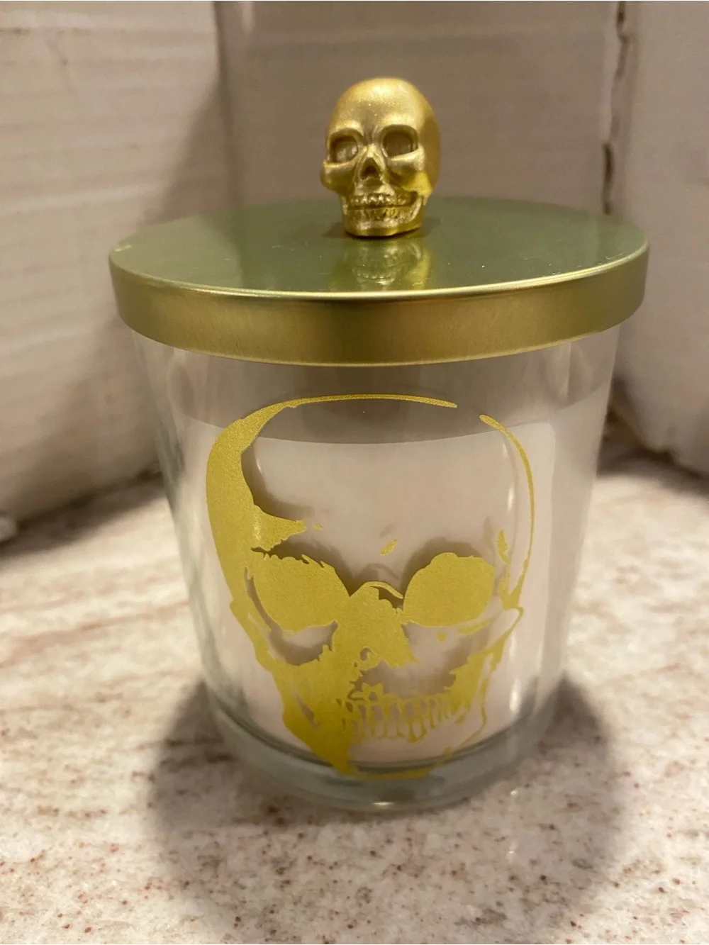 Gold Skull Glass Candle Jar w Metallic Lid Midnight marshmallow scent 9.5oz NWT